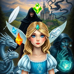 A young princess with blonde hair and blue eyes, surrounded by five magical elements: a white feather, a water gem, a fire gem, a translucent gem, and an earth gem