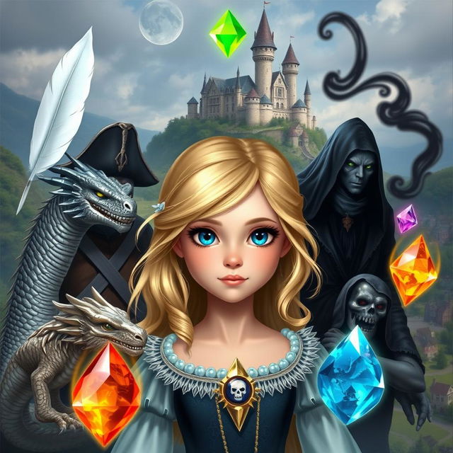 A young princess with blonde hair and blue eyes, surrounded by five magical elements: a white feather, a water gem, a fire gem, a translucent gem, and an earth gem