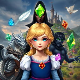 A young princess with blonde hair and blue eyes, surrounded by five magical elements: a white feather, a water gem, a fire gem, a translucent gem, and an earth gem