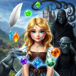 A young princess with blonde hair and blue eyes, surrounded by five magical elements: a white feather, a water gem, a fire gem, a translucent gem, and an earth gem