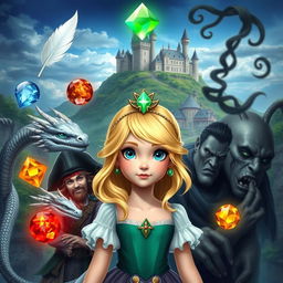 A young princess with blonde hair and blue eyes, surrounded by magical elements: a white feather, a water gem, a fire gem, a translucent gem, and an earth gem