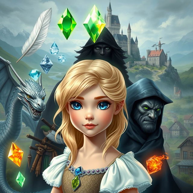 A young princess with blonde hair and blue eyes, surrounded by magical elements: a white feather, a water gem, a fire gem, a translucent gem, and an earth gem