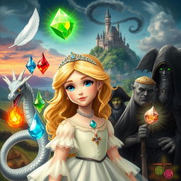 A young princess with blonde hair and blue eyes, surrounded by magical elements: a white feather, a water gem, a fire gem, a translucent gem, and an earth gem