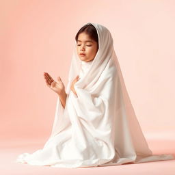 A serene and peaceful image of a girl kneeling in prayer, wearing a flowing white chador that elegantly drapes around her