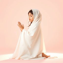 A serene and peaceful image of a girl kneeling in prayer, wearing a flowing white chador that elegantly drapes around her