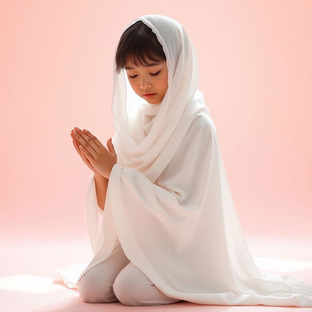 A serene and peaceful image of a girl kneeling in prayer, wearing a flowing white chador that elegantly drapes around her