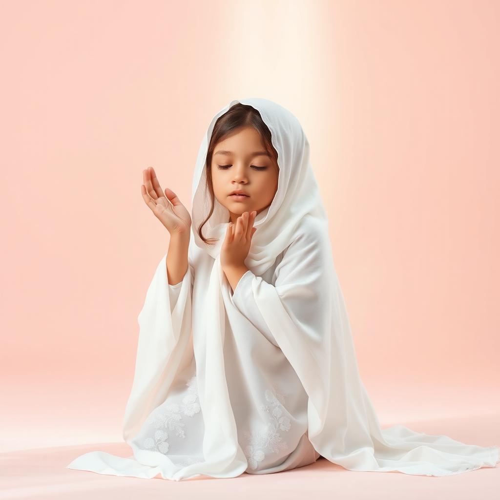 A serene and peaceful image of a girl kneeling in prayer, wearing a flowing white chador that elegantly drapes around her