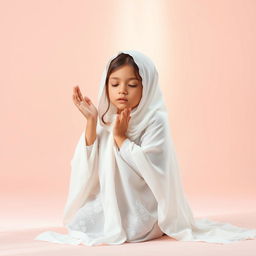 A serene and peaceful image of a girl kneeling in prayer, wearing a flowing white chador that elegantly drapes around her