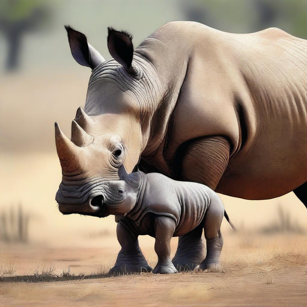 This is a high-quality digital art image featuring an adult black rhino and its baby