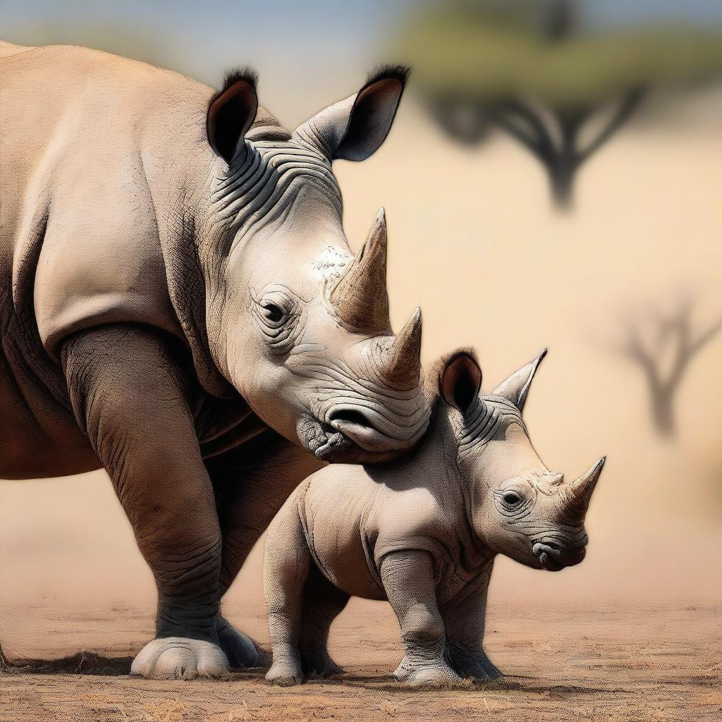 This is a high-quality digital art image featuring an adult black rhino and its baby