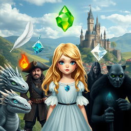 A young princess with blonde hair and blue eyes, surrounded by five enchanting elements: a white feather, a water gem, a fire gem, a translucent gem, and an earth gem