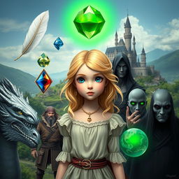 A young princess with blonde hair and blue eyes, surrounded by five enchanting elements: a white feather, a water gem, a fire gem, a translucent gem, and an earth gem