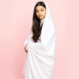 A beautiful girl wearing a white chador, standing gracefully