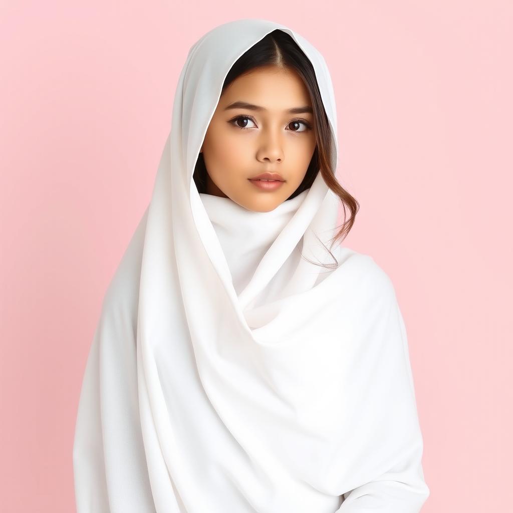 A beautiful girl wearing a white chador, standing gracefully