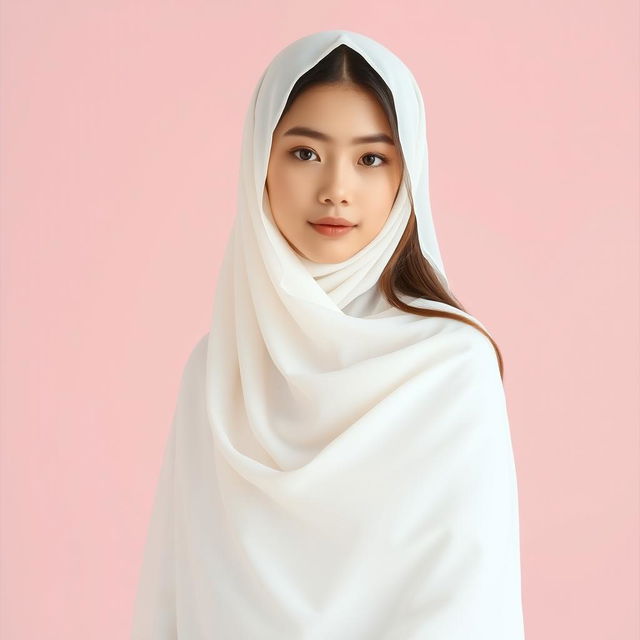 A beautiful girl wearing a white chador, standing gracefully