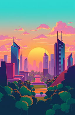 A vibrant and modern graphic design layout showcasing a futuristic city skyline at sunset