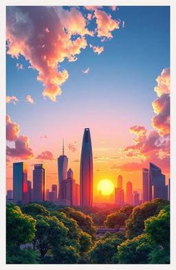 A vibrant and modern graphic design layout showcasing a futuristic city skyline at sunset