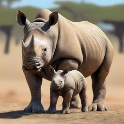 This is a high-quality digital art image featuring an adult black rhino and its baby