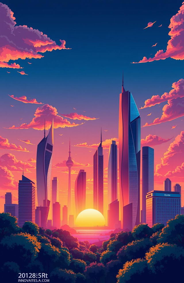 A vibrant and modern graphic design layout showcasing a futuristic city skyline at sunset