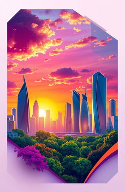 A vibrant and modern graphic design layout showcasing a futuristic city skyline at sunset