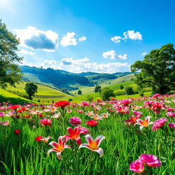 A picturesque scene in a lush green valley filled with blooming lilies and roses
