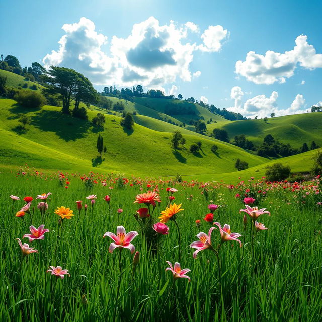 A picturesque scene in a lush green valley filled with blooming lilies and roses