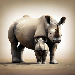 This is a high-quality digital art image featuring an adult black rhino and its baby