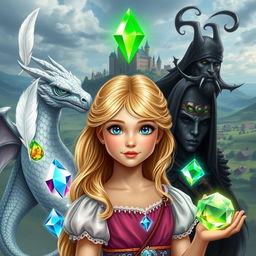 A young princess with blonde hair and blue eyes, surrounded by enchanting elements: a white feather, a water gem, a fire gem, a translucent gem, and an earth gem