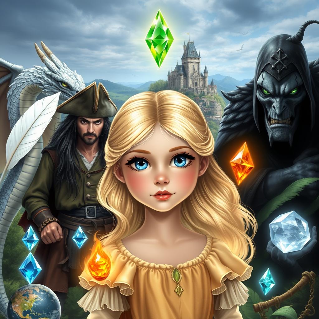 A young princess with blonde hair and blue eyes, surrounded by enchanting elements: a white feather, a water gem, a fire gem, a translucent gem, and an earth gem