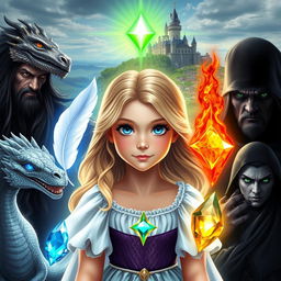 A young princess with blonde hair and blue eyes, surrounded by enchanting elements: a white feather, a water gem, a fire gem, a translucent gem, and an earth gem