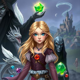 A young princess with flowing blonde hair and striking blue eyes, surrounded by magical items: a delicate white feather, a shimmering water gem, a fiery red gem, a glowing translucent gem, and a rich earth gem