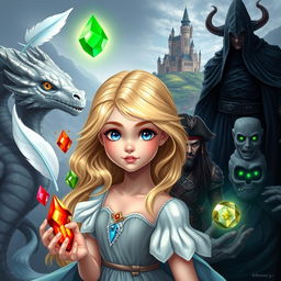 A young princess with flowing blonde hair and striking blue eyes, surrounded by magical items: a delicate white feather, a shimmering water gem, a fiery red gem, a glowing translucent gem, and a rich earth gem