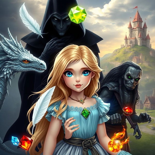 A young princess with flowing blonde hair and striking blue eyes, surrounded by magical items: a delicate white feather, a shimmering water gem, a fiery red gem, a glowing translucent gem, and a rich earth gem