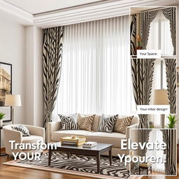 A visually striking Instagram story idea for a Zebra curtain page, featuring a stylish living room setting adorned with elegant zebra patterned curtains