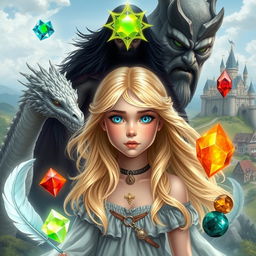 A young princess with flowing blonde hair and striking blue eyes, surrounded by enchanting elements: a soft white feather, a shimmering water gem, a fiery red gem, a glowing translucent gem, and a rich earth gem