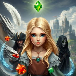 A young princess with flowing blonde hair and striking blue eyes, surrounded by enchanting elements: a soft white feather, a shimmering water gem, a fiery red gem, a glowing translucent gem, and a rich earth gem