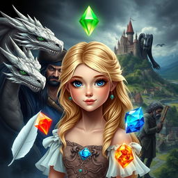 A young princess with beautiful blonde hair and sparkling blue eyes, surrounded by mystical elements: a soft white feather, a shimmering water gem, a fiery red gem, a translucent gem glowing softly, and an earth gem