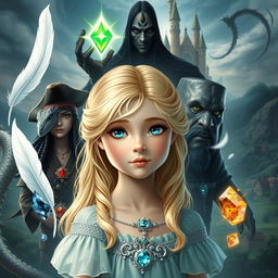 A young princess with beautiful blonde hair and sparkling blue eyes, surrounded by mystical elements: a soft white feather, a shimmering water gem, a fiery red gem, a translucent gem glowing softly, and an earth gem