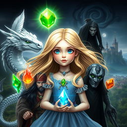 A young princess with flowing blonde hair and enchanting blue eyes, surrounded by magical artifacts: a soft white feather, a sparkling water gem, a vibrant fire gem, a luminous translucent gem, and a rich earth gem