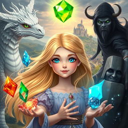A young princess with flowing blonde hair and enchanting blue eyes, surrounded by magical artifacts: a soft white feather, a sparkling water gem, a vibrant fire gem, a luminous translucent gem, and a rich earth gem