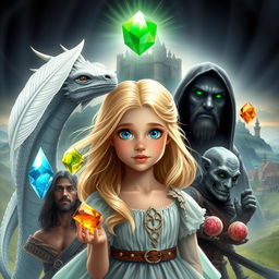 A young princess with flowing blonde hair and enchanting blue eyes, surrounded by magical artifacts: a soft white feather, a sparkling water gem, a vibrant fire gem, a luminous translucent gem, and a rich earth gem