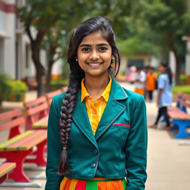 A portrait of a teenage Indian school girl wearing a vibrant school uniform with a blazer and neatly ironed skirt