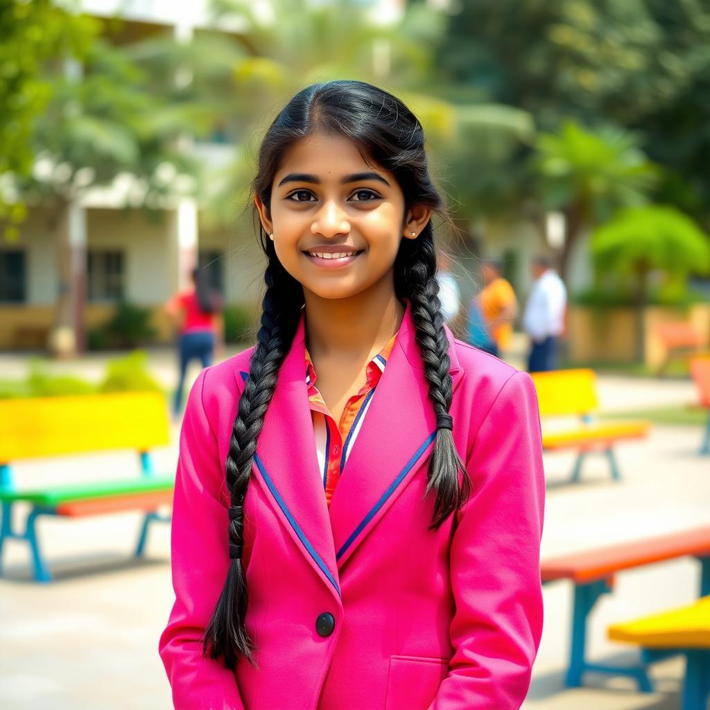 A portrait of a teenage Indian school girl wearing a vibrant school uniform with a blazer and neatly ironed skirt