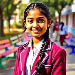 A portrait of a teenage Indian school girl wearing a vibrant school uniform with a blazer and neatly ironed skirt