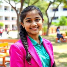 A portrait of a teenage Indian school girl wearing a vibrant school uniform with a blazer and neatly ironed skirt