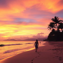 A stunning sunset over a tranquil beach, with vibrant hues of orange, pink, and purple in the sky reflecting on the gentle waves