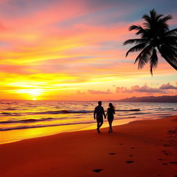 A stunning sunset over a tranquil beach, with vibrant hues of orange, pink, and purple in the sky reflecting on the gentle waves