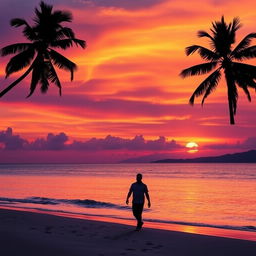 A stunning sunset over a tranquil beach, with vibrant hues of orange, pink, and purple in the sky reflecting on the gentle waves