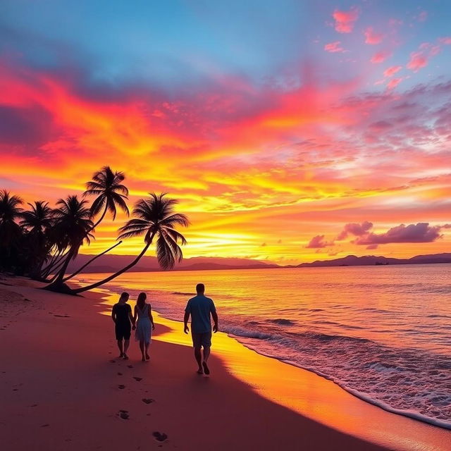 A stunning sunset over a tranquil beach, with vibrant hues of orange, pink, and purple in the sky reflecting on the gentle waves