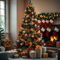 A beautifully decorated real Christmas tree standing elegantly in a cozy living room